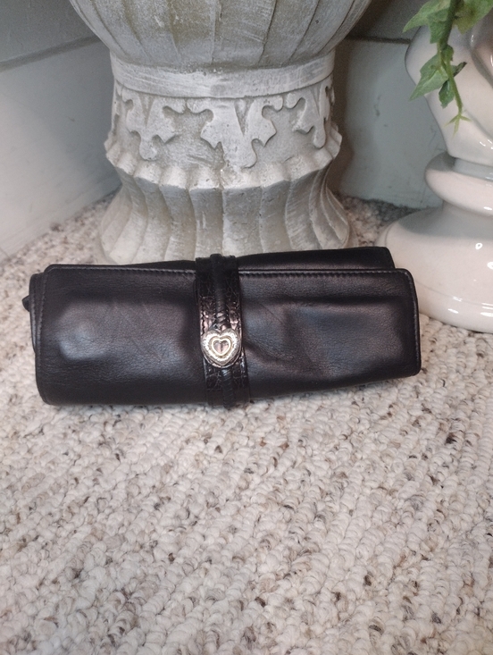 Brighton Handbags - Brighton Black Leather Roll Travel Jewelry Case With Silver/Gold Heart Snap